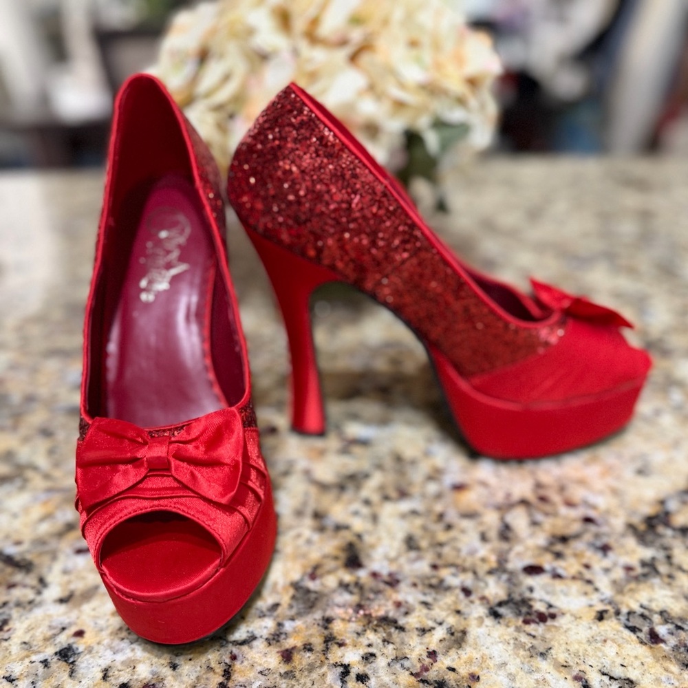 Bordello Pleaser Red Glitter Bow Platform Pumps Dorothy Wizard of Oz Size 8